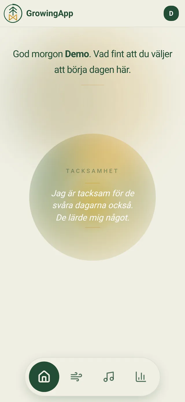Startskärmen med en morgonhälsning och dagens ord