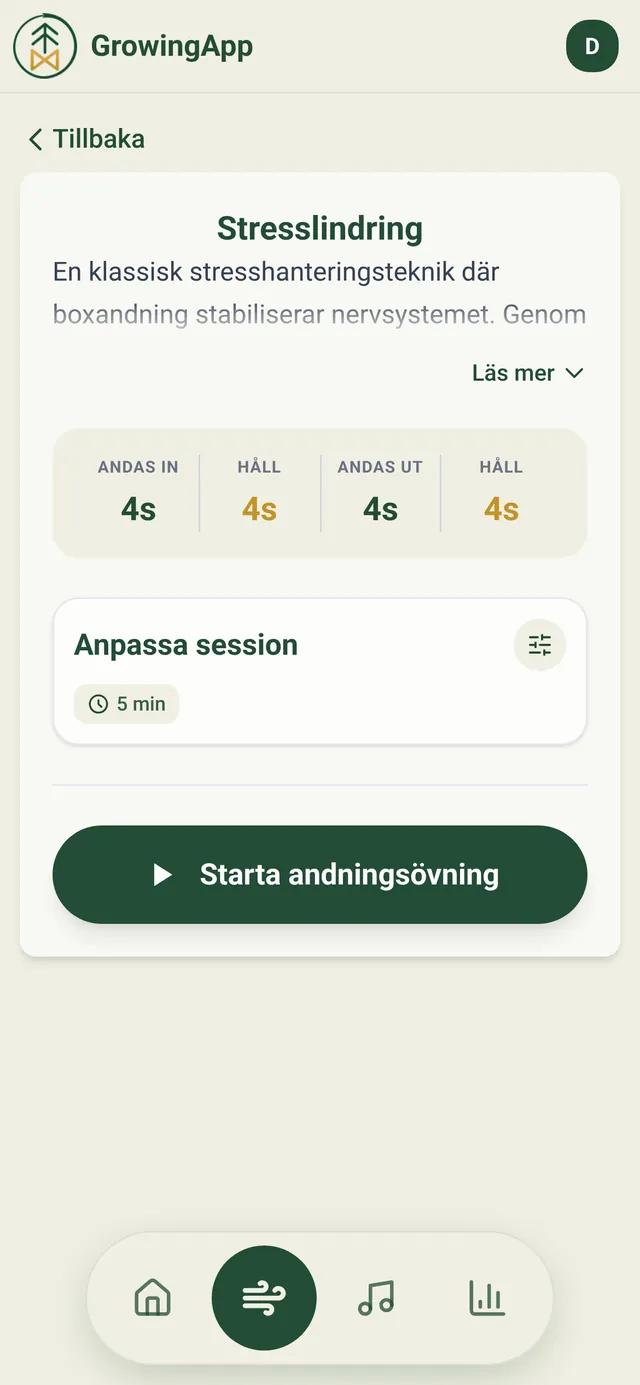 Övningen Stresslindring i GrowingApp med sitt andningsmönster