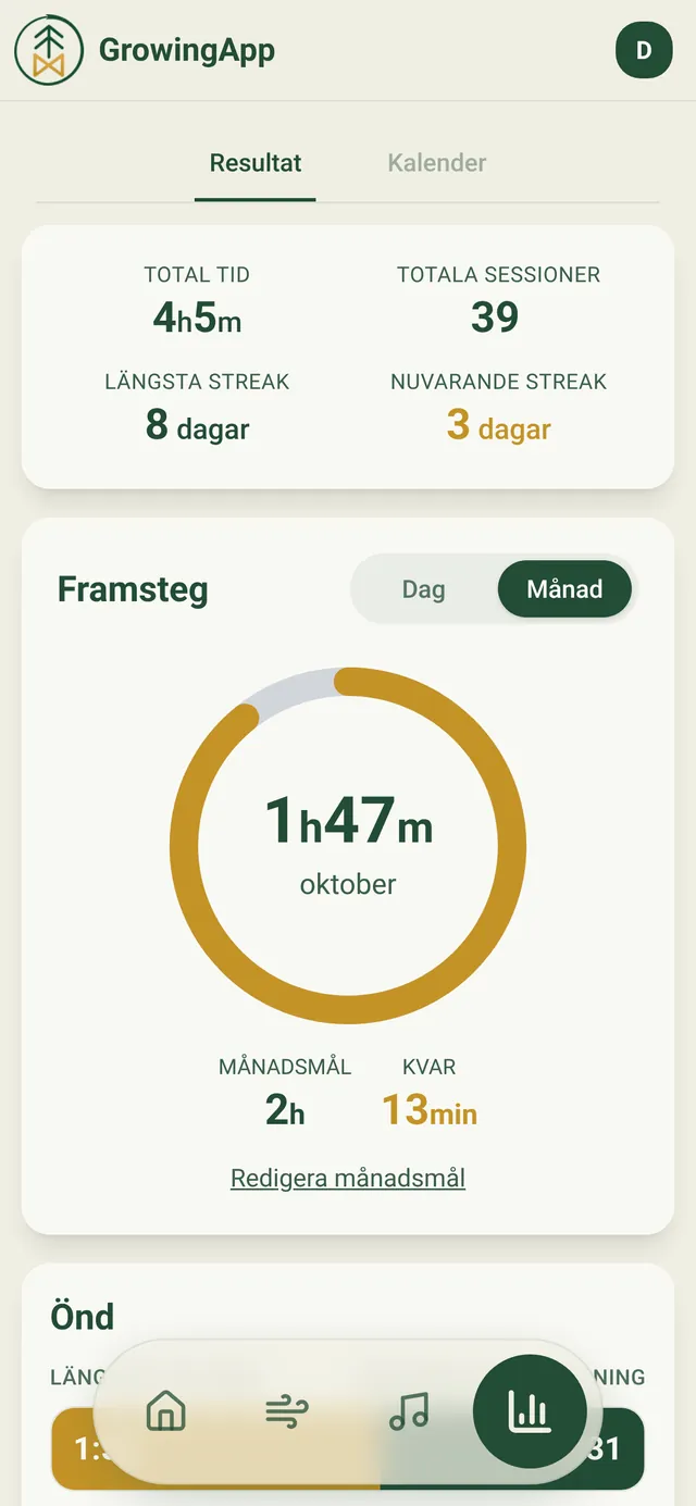 Statistik med total tid, streaks och en ring för månadsmålet